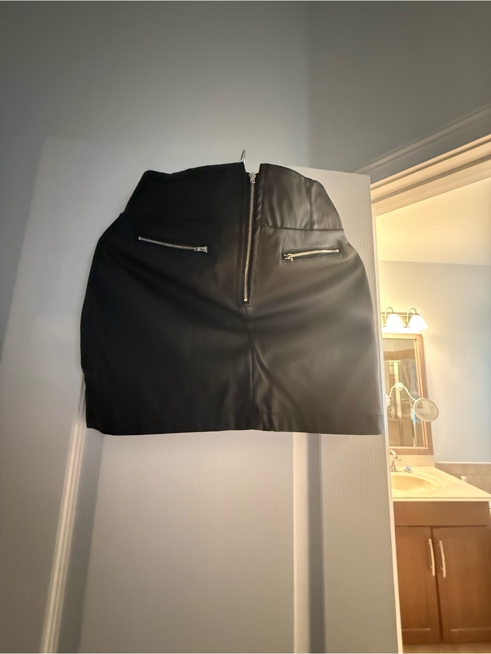 Black Faux Leather Mini Skirt with Zip Detail